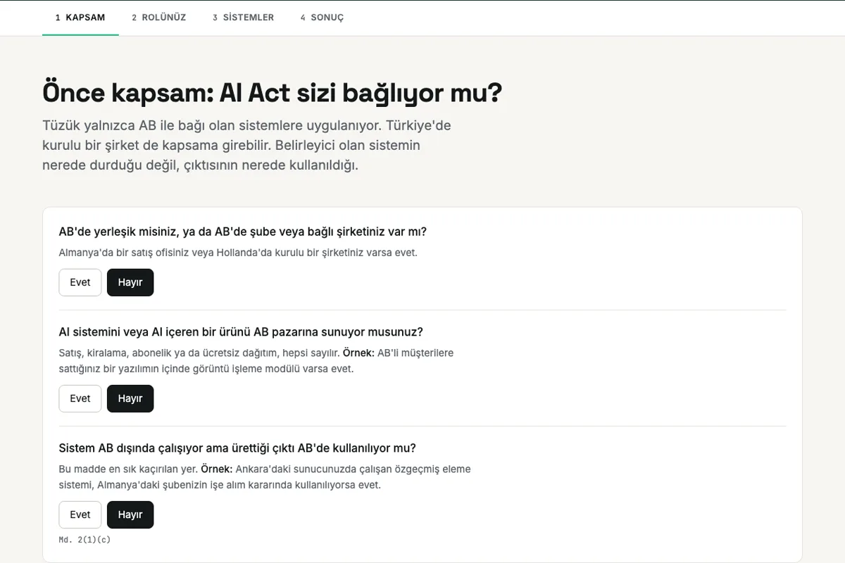 AI Act Uyum Motoru'nun ilk adımı: dört adımlı ilerleme çubuğu ve kapsam soruları